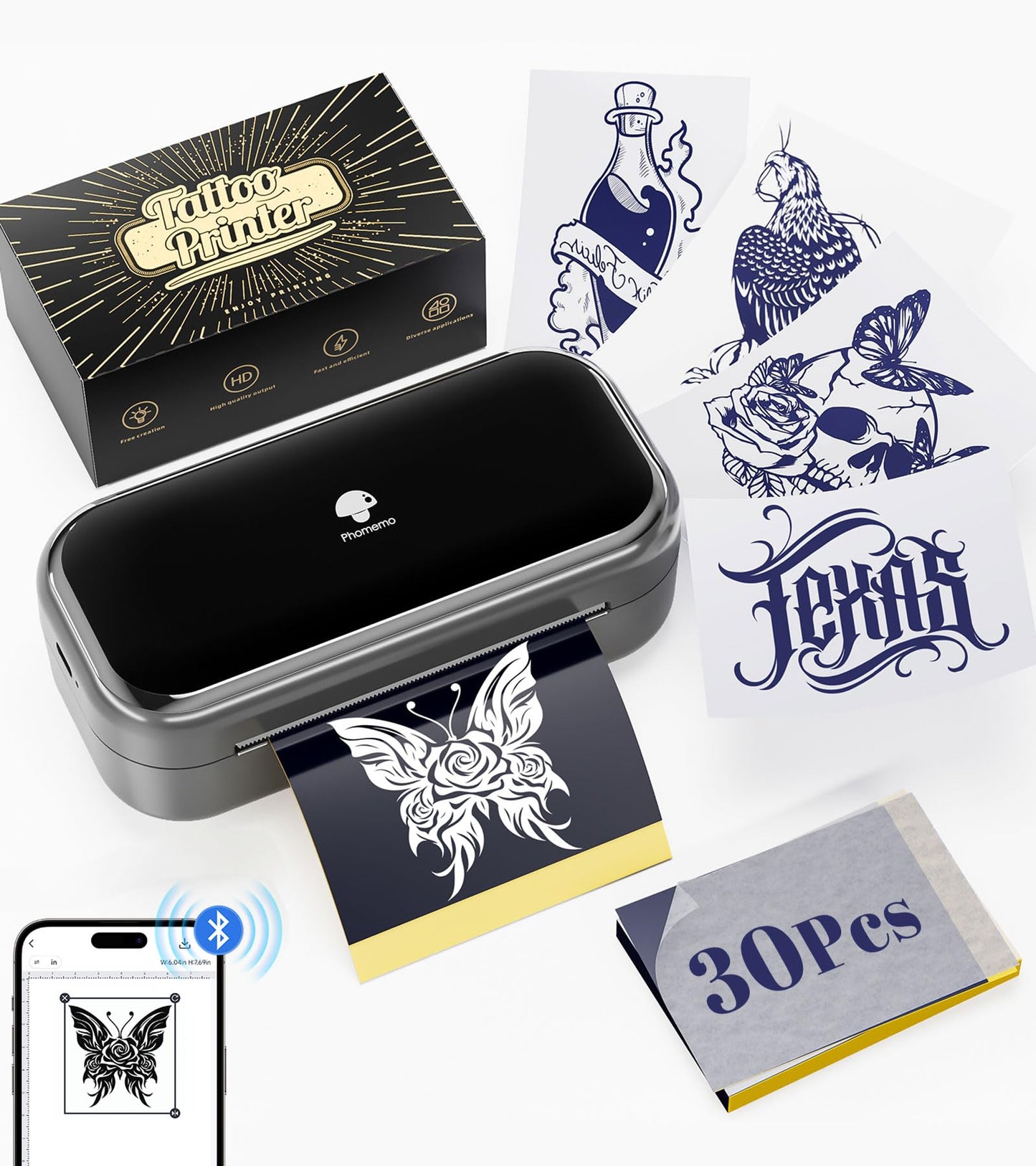 Phomemo TP31 Wireless Tattoo Stencil Printer with 30pcs Transfer Paper, Compatible with Phone & Tablet, Bluetooth Mini Thermal Tattoo Printer Machine for Artists & Beginners, for Halloween
