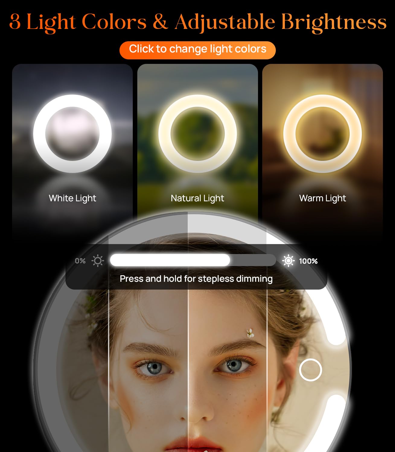 Gospire Magnifying Travel Makeup Mirror with Light 10X 1X Magnifition 2-Sided Lighted Vanity Mirror Rechargeable 3 in 1 Hand Held Desk Hanging, 3 Color Dimmable Lights, Black