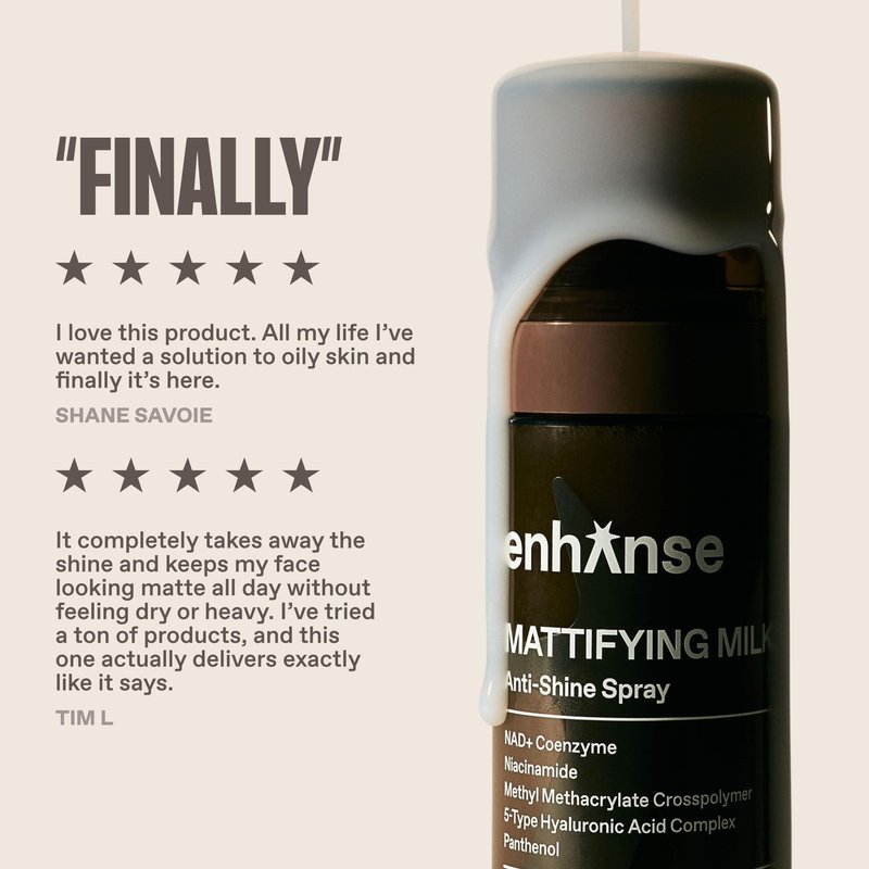Enhanse Mattifying Milk Anti Shine Face Spray for Men, Oil Control Mist with Niacinamide, Hyaluronic Acid Complex, NAD+ Coenzyme and Panthenol, Skin Care for Men, Travel Size, 3.4 Fl Oz