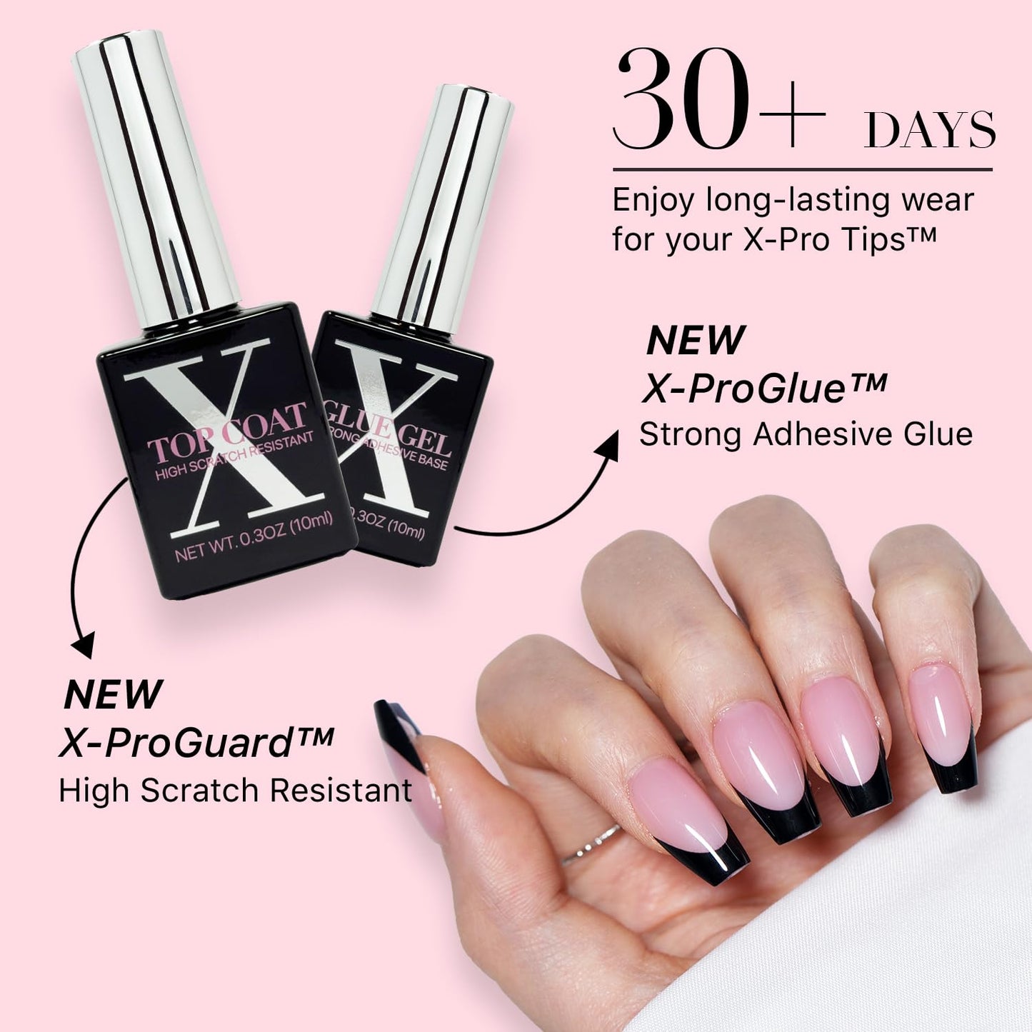 SXC Cosmetics French Tip Press On Nails – Black Series, Short Coffin, X-Pro Tips Starter Kit | 160PCS, 16 Sizes, 5 Styles, Beginner-Friendly