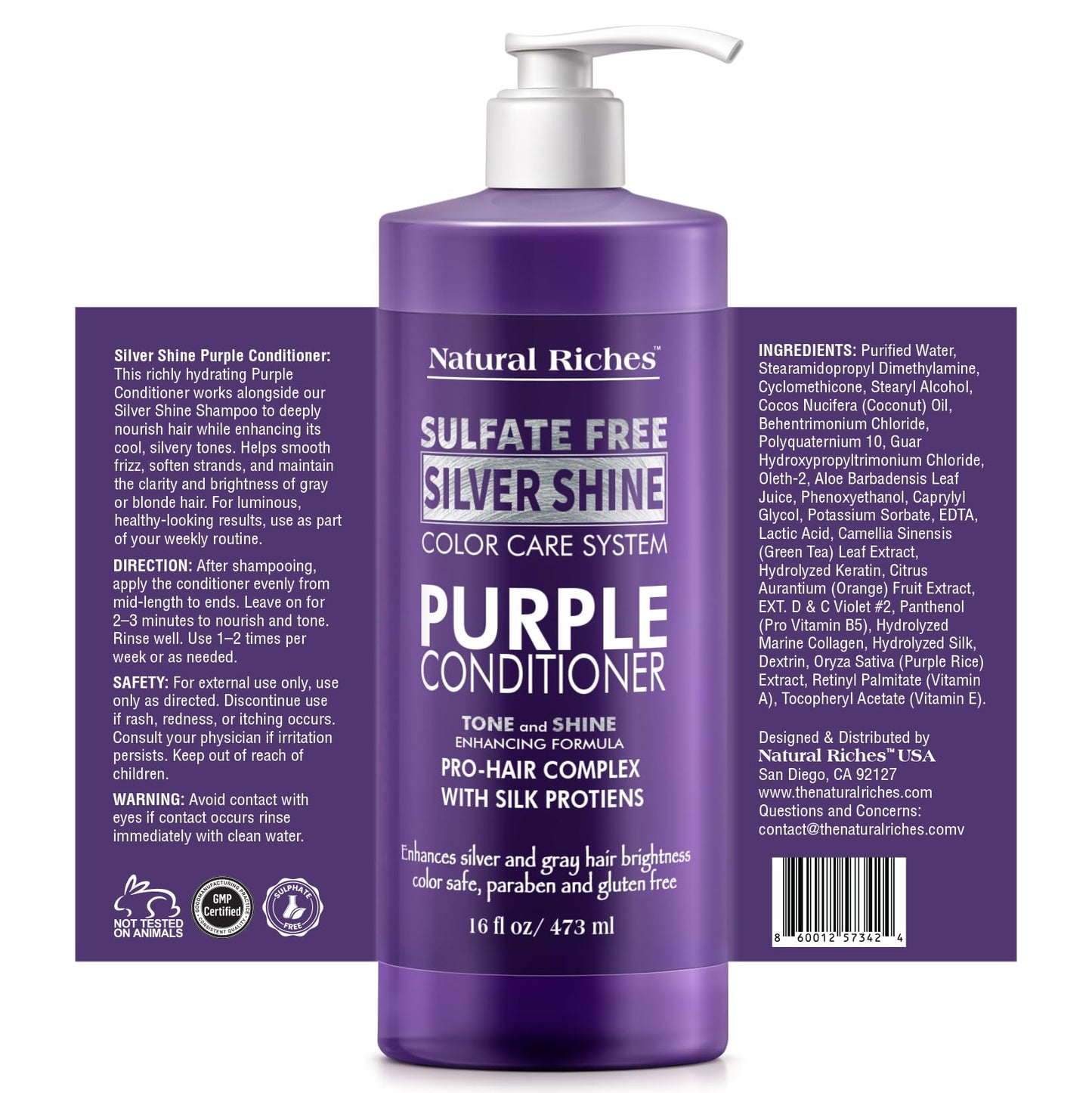 Natural Riches Radiant Silver Shine Purple Shampoo and Conditioner Set for Gray Hair - Paraben-Free and Color Safe – With Silk Proteins, Tones Dull Hair, Softens & Adds Shine - 16 fl oz