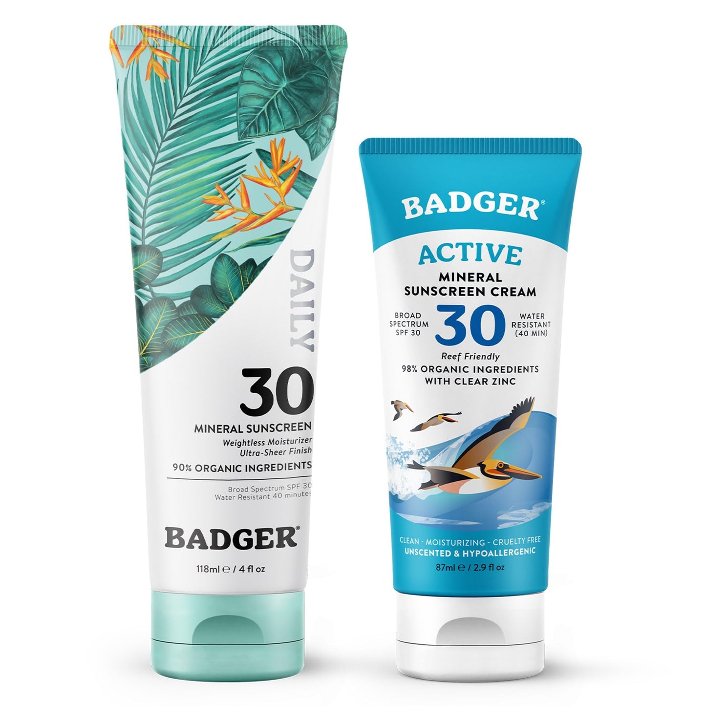 Badger SPF 30 Active Mineral Sunscreen + SPF 30 Daily Mineral Sunscreen, Reef-Friendly Sunscreen with Zinc Oxide