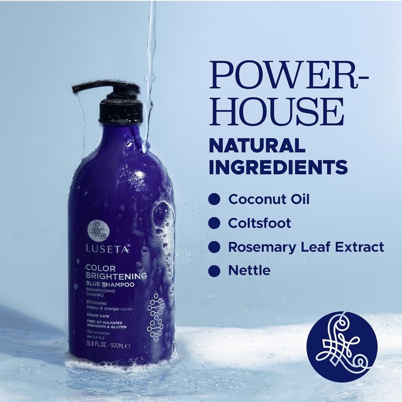 Luseta Color Brightening Blue Shampoo - Neutralizes Brassy Tones for Brunettes | 16.9oz, Sulfate-Free