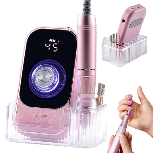 Portable Nail Drill - 45000RPM Electric File for Acrylic Nails | Cordless Rechargeable E-File with Bits & Base