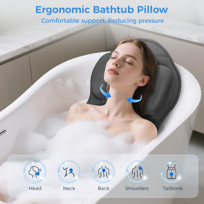 LOOWARTS Full Body Bath Pillow for Tub Ergonomic Bathtub Pillow for Neck and Back Support,4D Mesh Bathtub Cushion with 10 Non-Slip Suction Cups