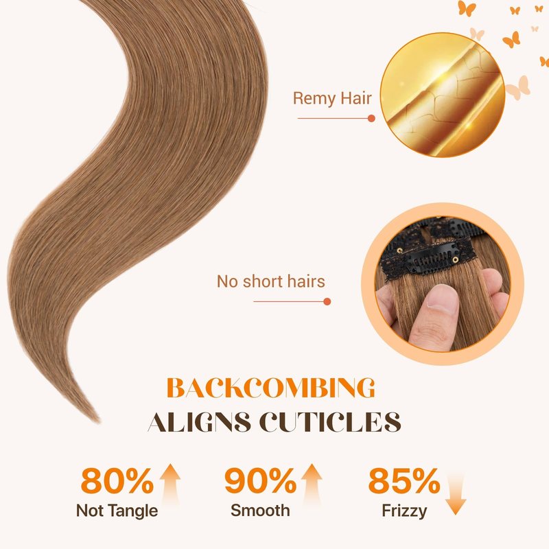 TESSHAIR 6PCS Clip in Hair Extensions Real Human Hair Short Clip in Extensions for Women Short Straight Hairpieces to Add Volume and Highlights 16 Inch Light Brown