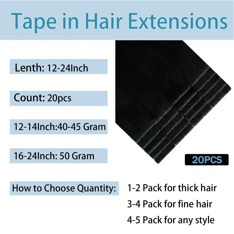 Tape in Hair Extensions Human Hair 14Inch Natural Black Color 20Pcs 50G/Pack Straight Seamless Weft Skin Invisible Thick 100% Real Black Human Hair Tape In Extensions