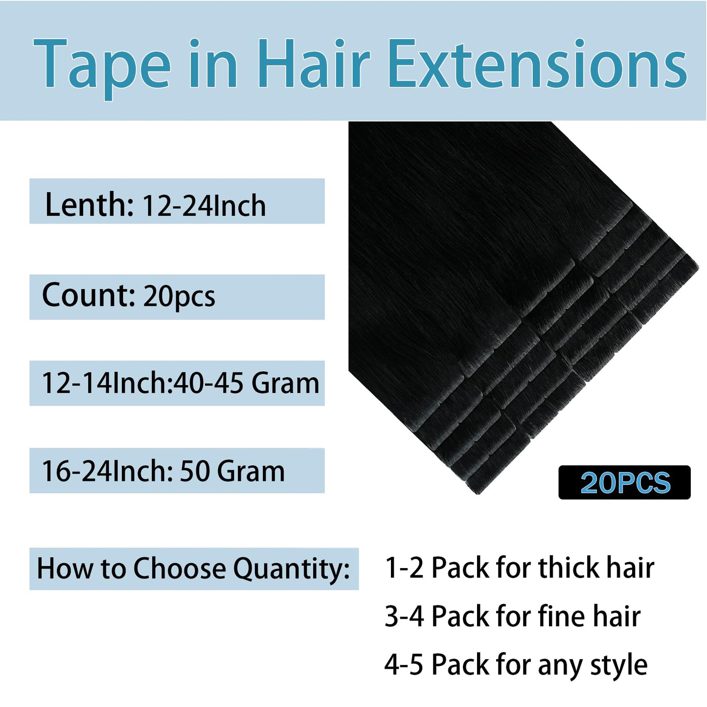 Tape in Hair Extensions Human Hair 14Inch Natural Black Color 20Pcs 50G/Pack Straight Seamless Weft Skin Invisible Thick 100% Real Black Human Hair Tape In Extensions