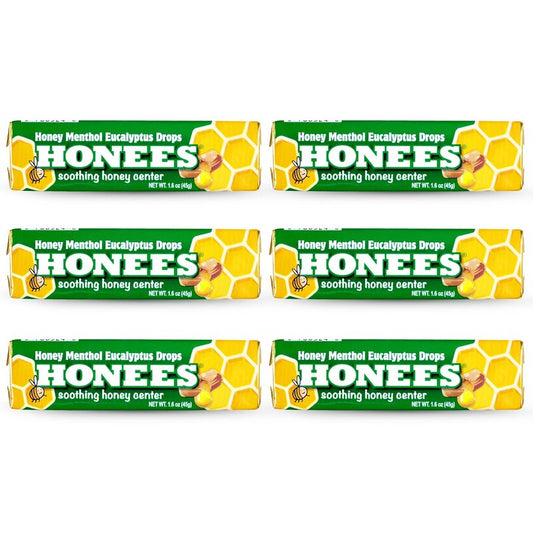 Honees Filled Menthol Cough Drops, Honey, Menthol & Eucalyptus Cough Drops- Natural Sore Throat Relief - Nothing Artificial -Throat Lozenges, Non-GMO (6 Pack –54 Drops)