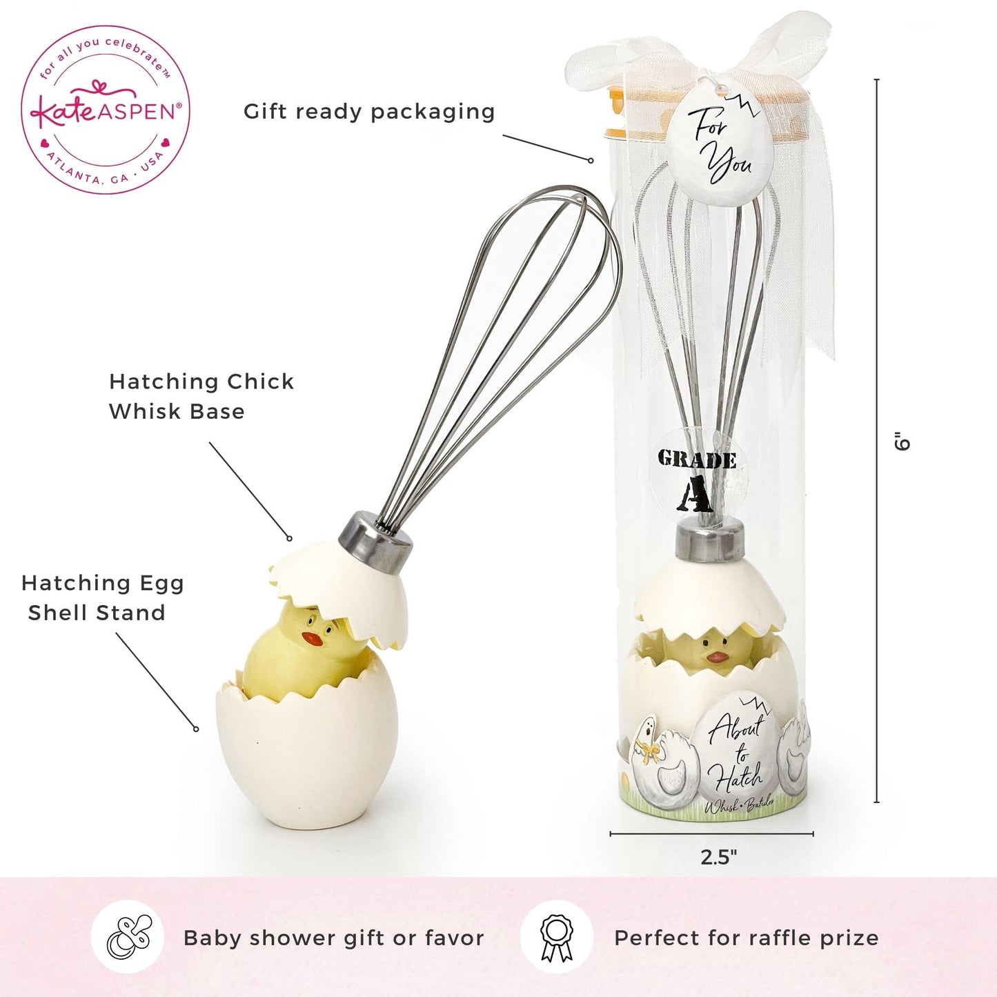 Kate Aspen Stainless-Steel Egg Whisk in Showcase Gift Box Baby Shower Favor, Silver/White