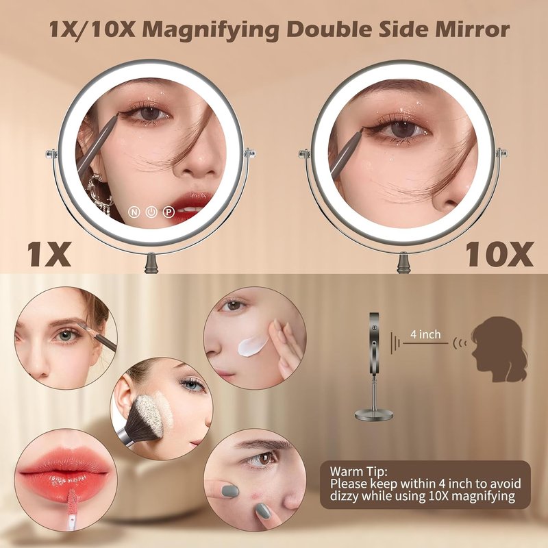 Lighted Makeup Mirror - 9" Double-Sided 1X/10X Magnification | Rechargeable with Adjustable Brightness & 80 LED Lights - Grey