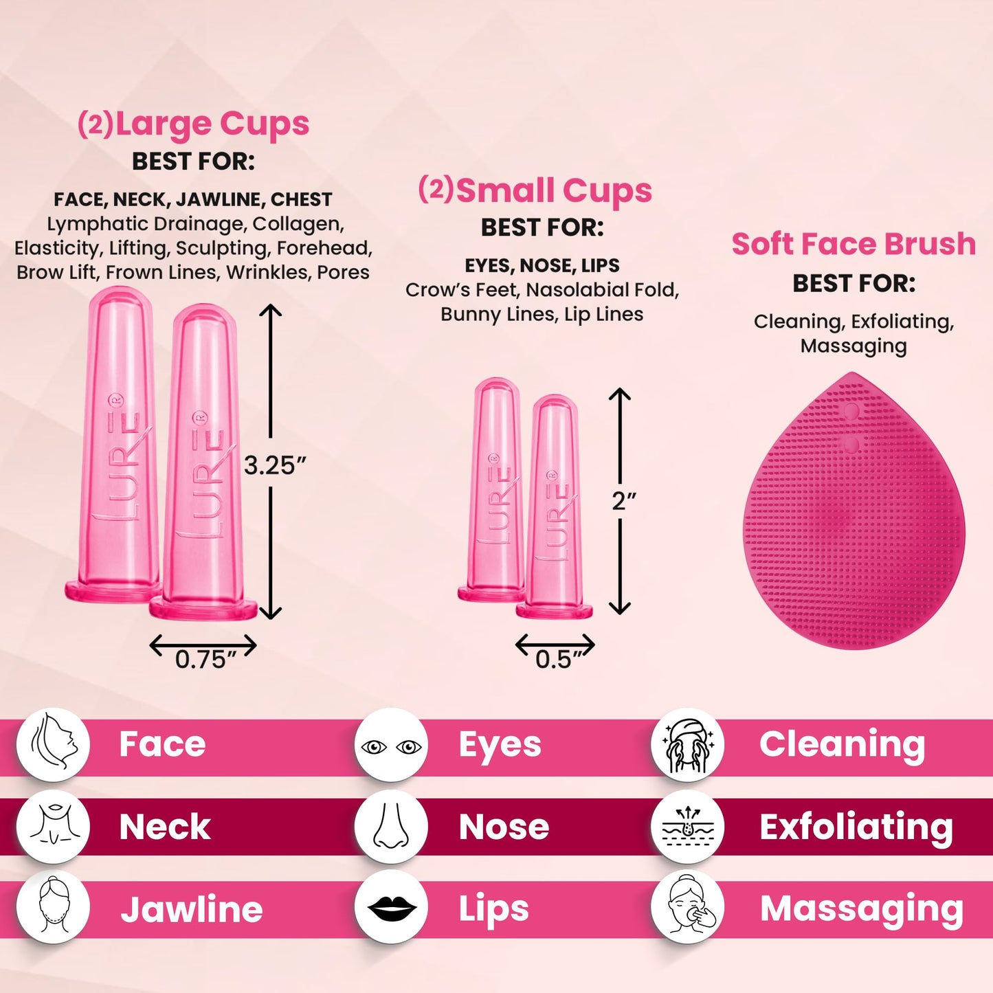 Glam Facial Face Cupping Set - Cupping Therapy Sets Massage Kit with Silicone Cleansing Brush for Instantly Ageless Skin, Works for Fine Lines & Wrinkles, Improves Collagen (GLAM - Pink)