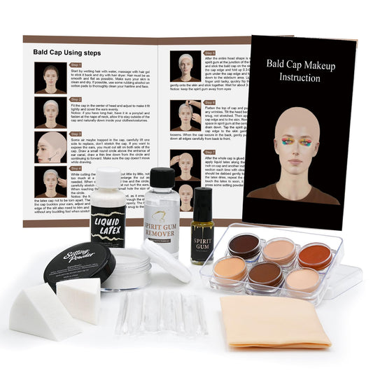 Bald Cap Halloween Makeup Kit for Men & Woman, Complete Bald Cap Costume Character Set , SFX Makeup Kit, Professional Realistic Bald Cap Kits for Halloween Cosplay Make Up, Dress Up, Stage, Theater