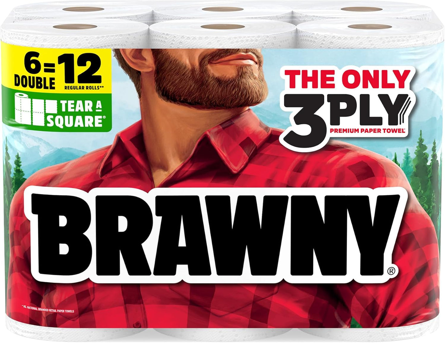 Brawny Paper Towels - 3-Ply Tear-A-Square, Strong & Absorbent | 6 Double Rolls (12 Regular Rolls)
