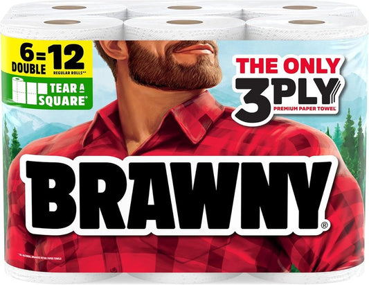 Brawny Paper Towels - 3-Ply Tear-A-Square, Strong & Absorbent | 6 Double Rolls (12 Regular Rolls)