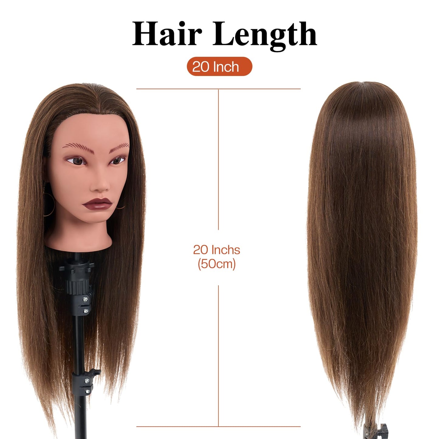 20" Mannequin Head Human Hair,100% Real Hair Mannequin Head,Cosmetology Human Hair Mannequin Doll Head for Hair Styling,Practice Braiding Styling Head with Table Clamp Suitable for Hair Extensions