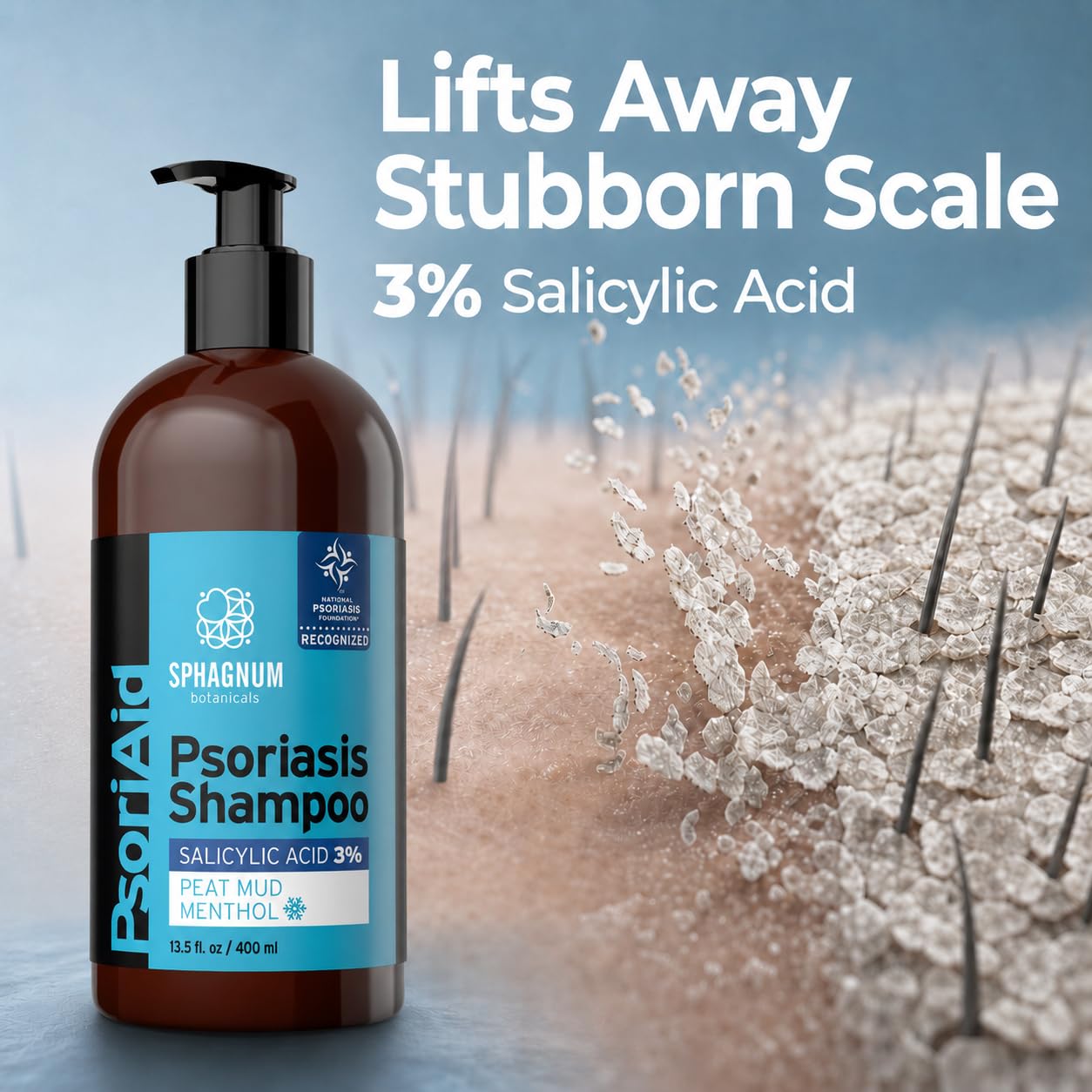 Sphagnum Botanicals Psoriasis Shampoo with Salicylic Acid for Women and Men, Natural Relief for Dry, Itchy, Flaky Scalp, Menthol and Peat Mud, Sulfate-Free Medicated Formula, 13.5 fl oz