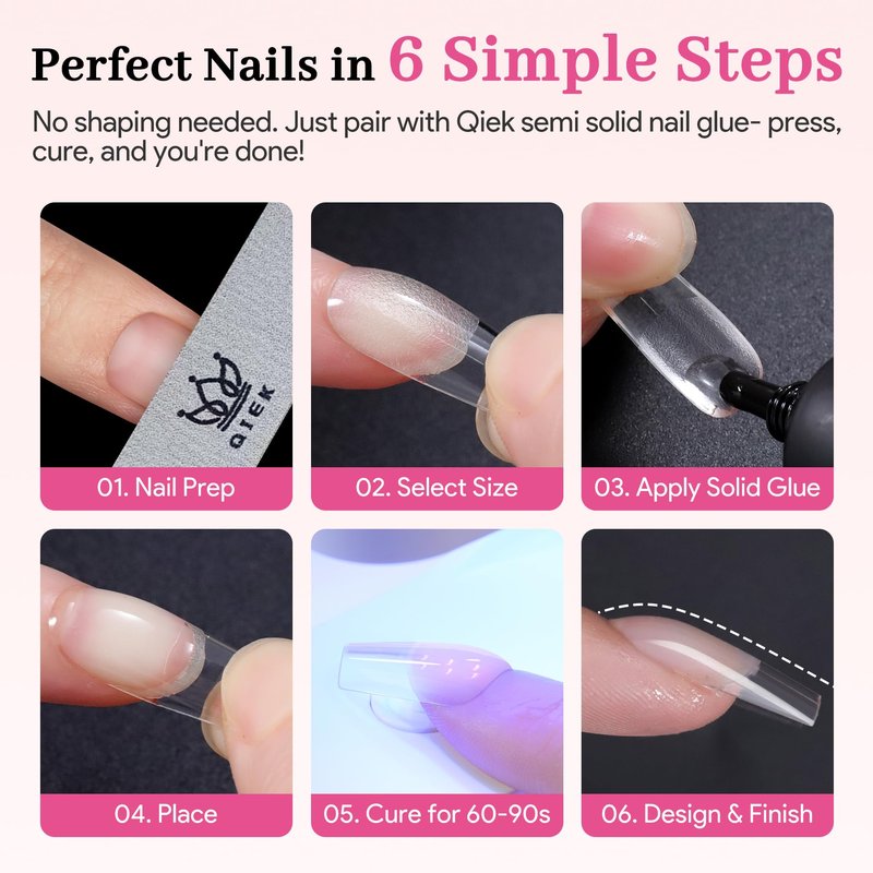 Qiek Medium Almond Pre-Building Nail Tips Kit, 15 Sizes 240 PCS Pre-shaped Apex Pink Thick Extensions Tip Soft Half Matte Press On Fake Nails Glue Gel Nail Lamp for DIY Beginners & Salon Manicure