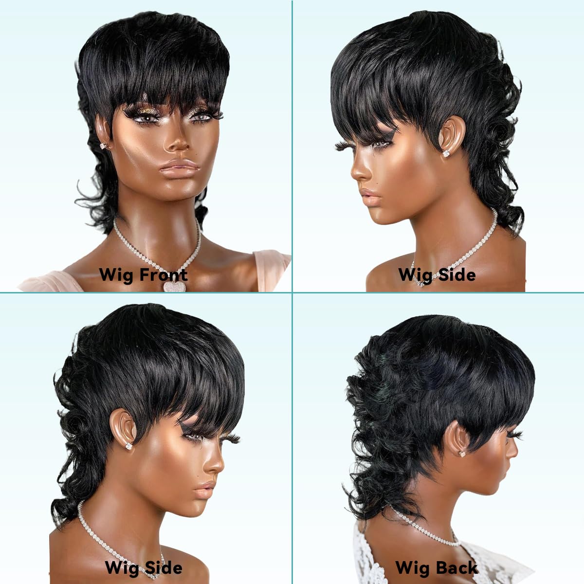 Msviki Mullet Full Machine Made Human Hair Wigs For Women Glueless Pixiecut Curly Wigs With Bangs Body Wave Brazilian 100% Virgin Human Hair Wig Dovetail Wear And Go Human Hair Wigs 180% Density