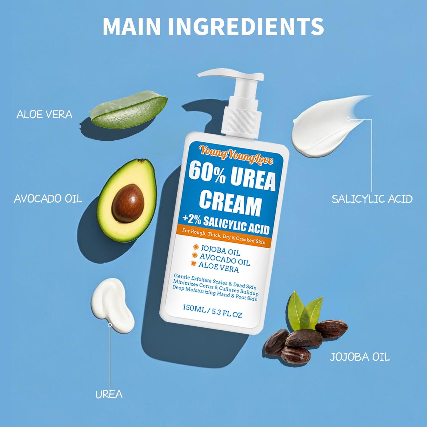 Urea Cream 60% - Urea Foot Cream with Moisturizing Heel Socks for Dry Cracked Hands Heels, 60 Percent for Feet Maximum Strength with 2% Salicylic Acid, Jojoba Oil, Aloe Vera, 5.31oz (Blue, 5.3oz)