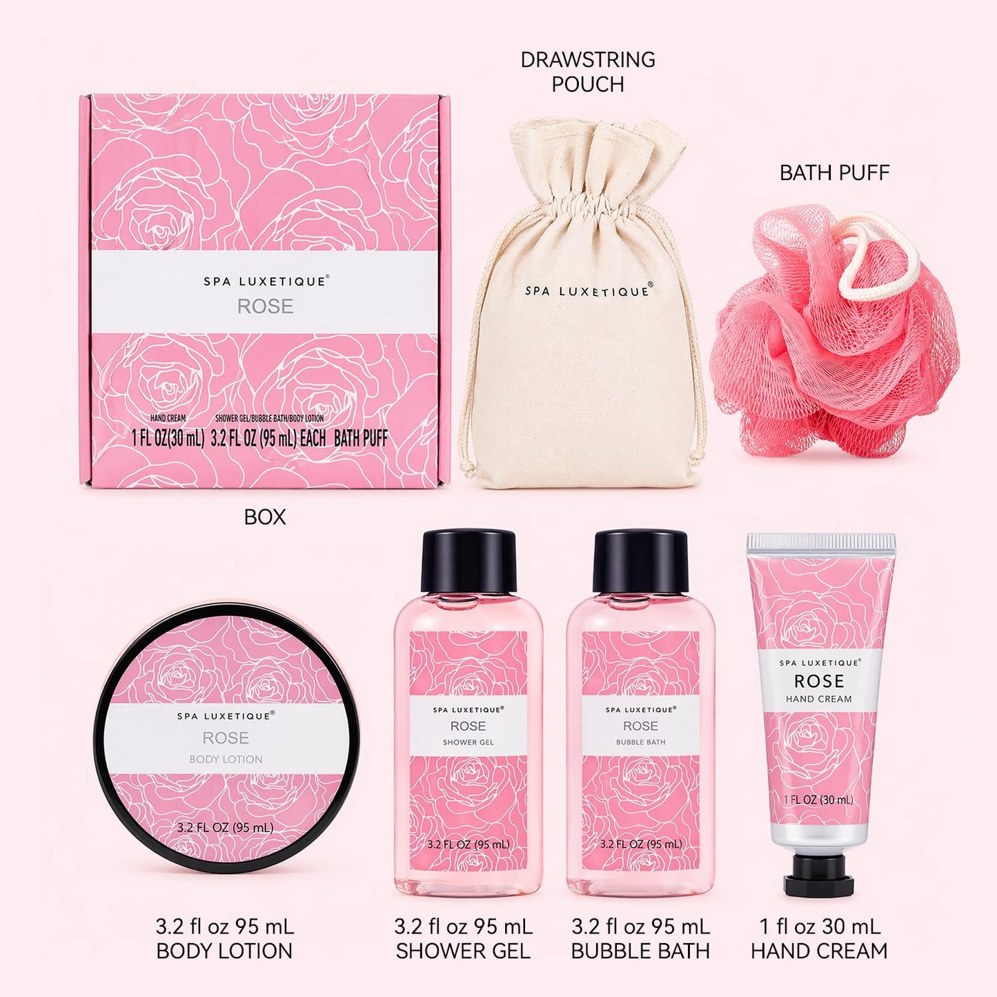 Spa Luxetique Gifts for Women, 6 Pcs Rose Spa Gift for Women, Womens Gift Set with Bubble Bath, Birthday Christmas Anniversary Valentine's Day Gifts