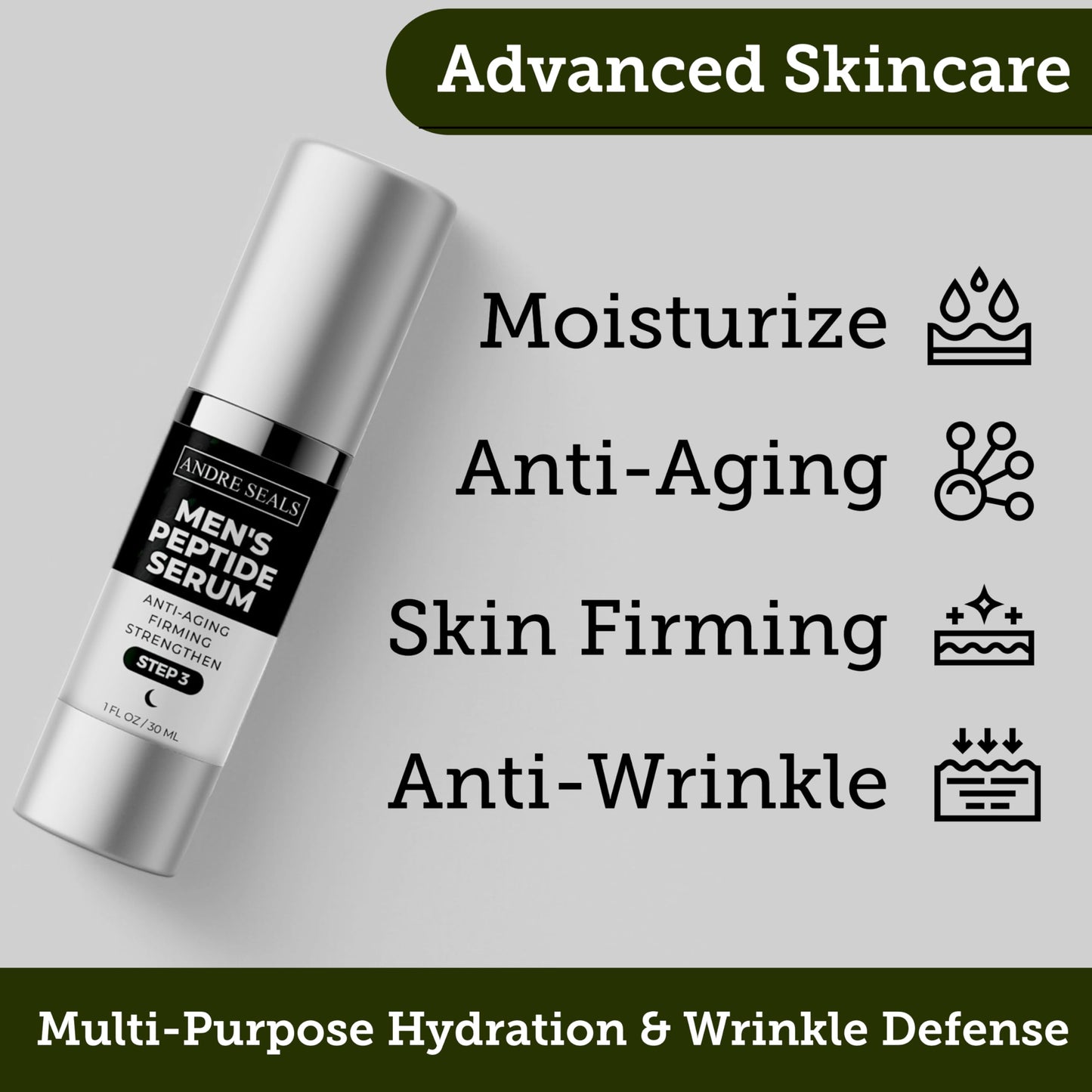 Andre Seals Face Serum for Men - Anti-Aging, Wrinkle Reduction & Collagen Boost with Multi-Peptide, Hyaluronic Acid, Green Tea & Vitamin E | Mens Skincare | 1oz | Night Time Face Serum