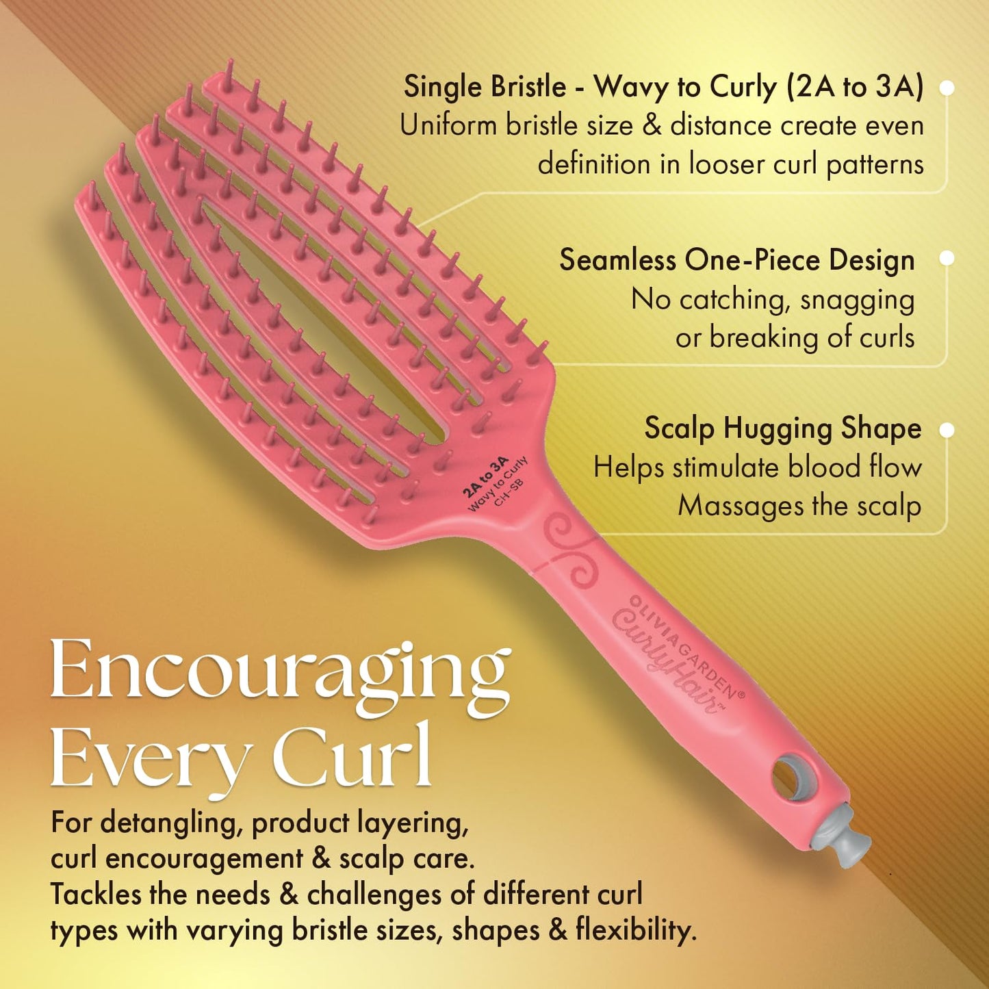 Olivia Garden CurlyHair Brush for Wet or Dry Hair - Curly Hair Brush for Detangling, Product Layering, Curl Encouragement, Scalp Care - Single Bristles Brush