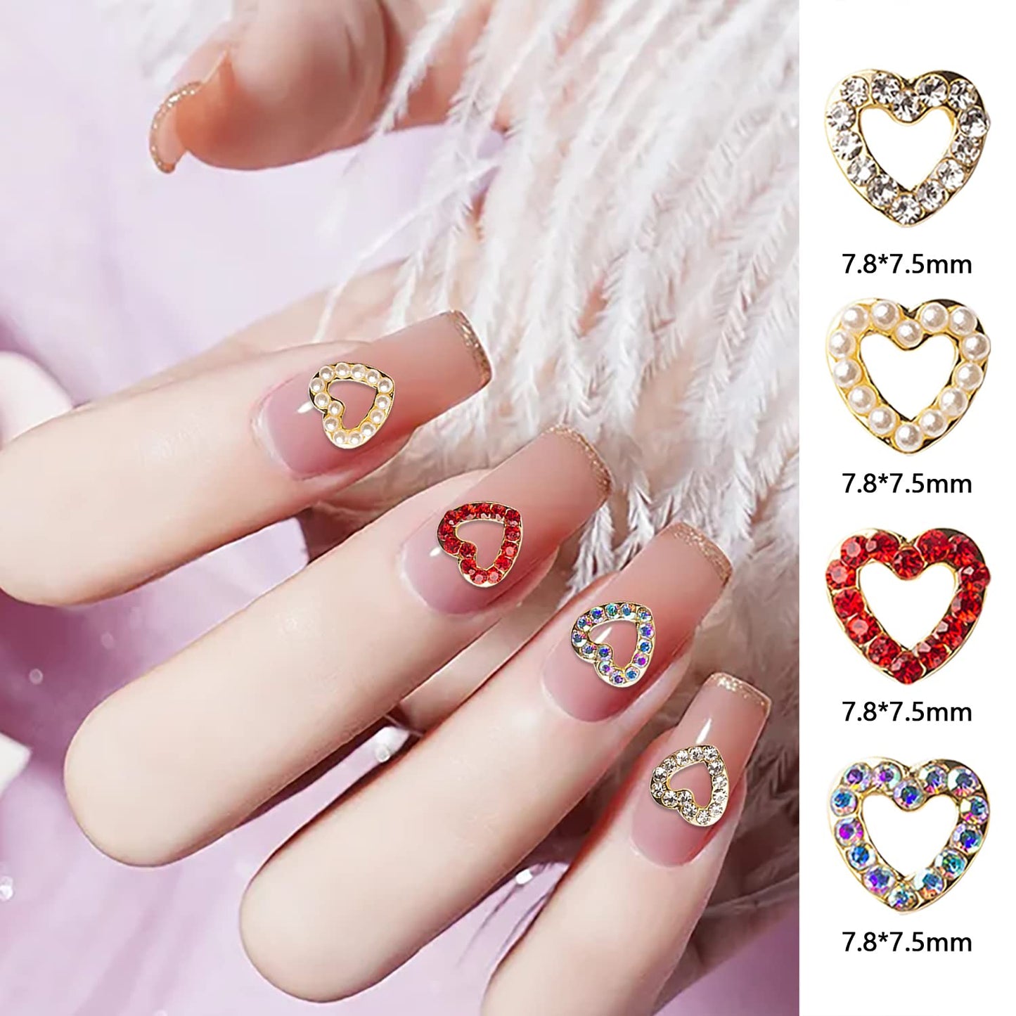 WOKOTO 40 Pcs 3D Hearts Nail Jewelrys for Nails Gold Alloy Hearts Nail Charms with Rhinestones Or Pearls for Nail Art 3D Hearts Nail Gems and Rhinestones Nail Hearts Charms for Nails Accessory