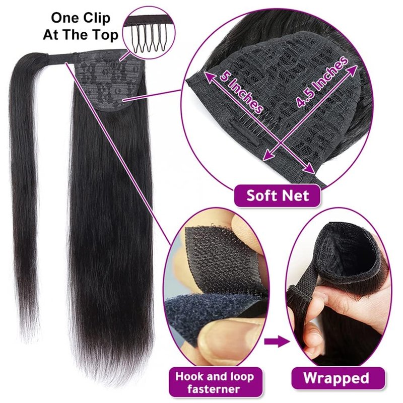 Straight Ponytail Human Hair Extensions Brazilian Wrap Around Ponytail for Black Women Unprocessed Remy Human Hair Pony Tail Clip In Extension Hairpiece 110g (Straight Hair, 18inch)