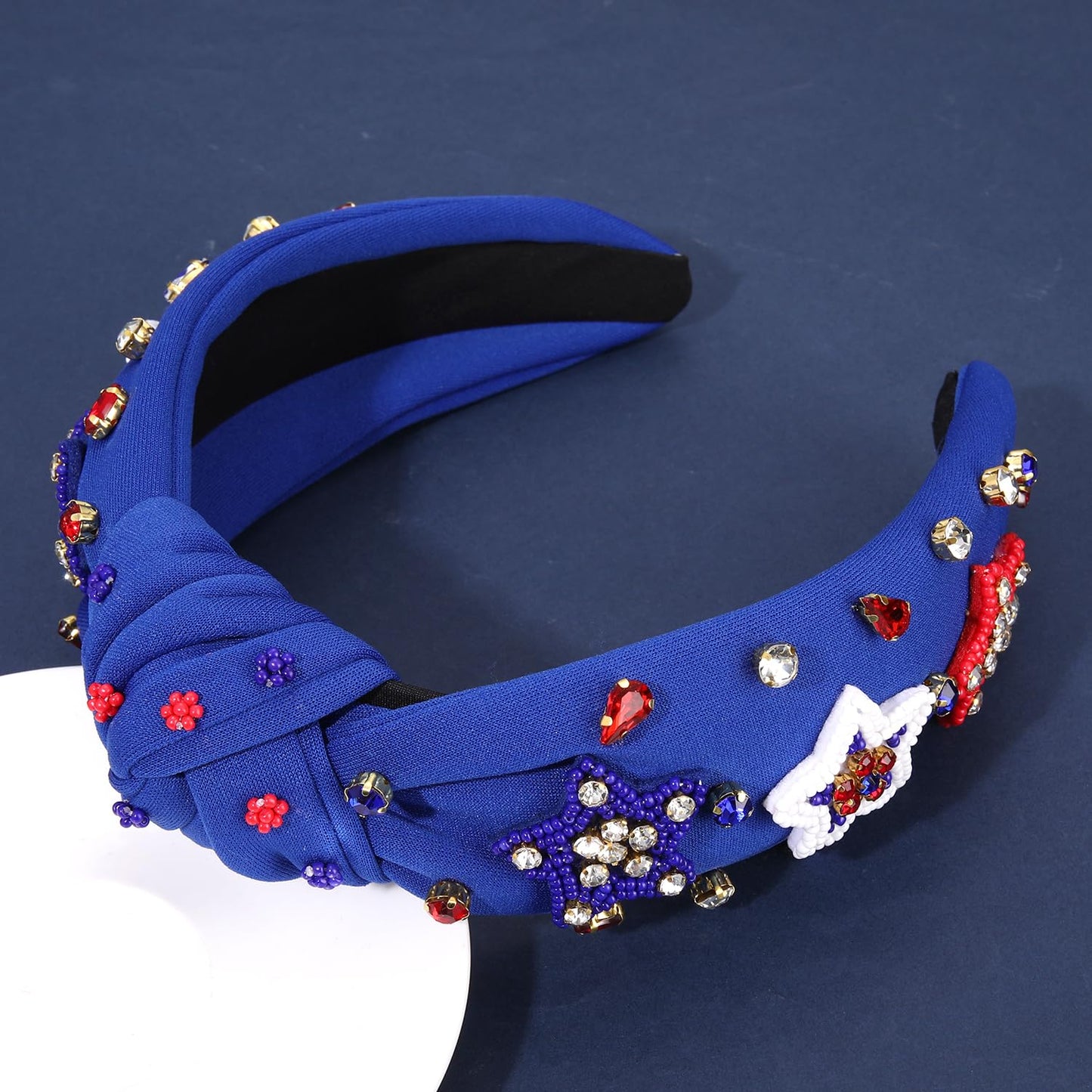 mokkia American Flag Rhinestone Knotted Headbands - Patriotic Accessories for Women, Red White and Blue Top Knot Party Favors (American Star 7)