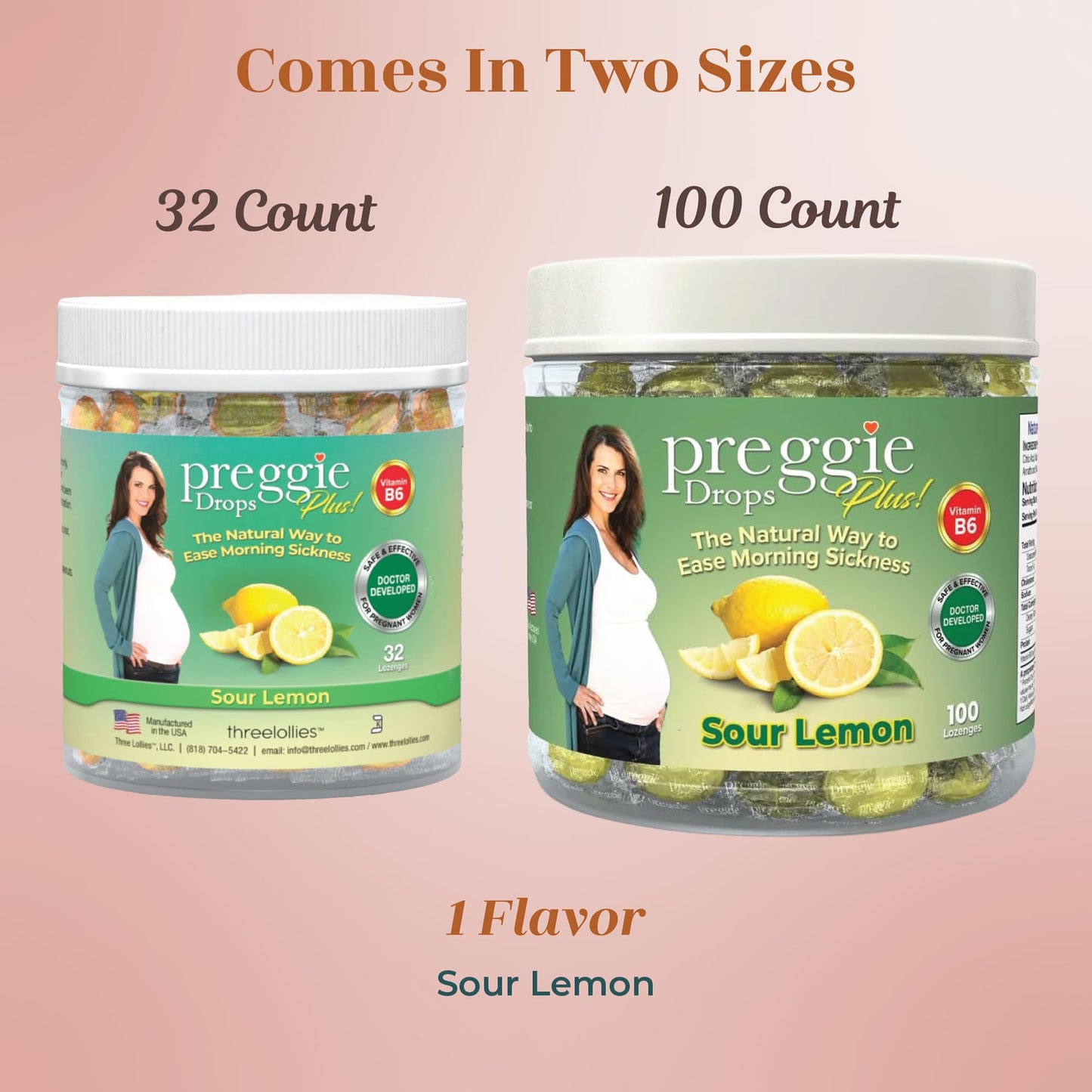 Three Lollies Preggie Drops Plus Pregnancy Nausea Relief Drops with 10 mg Vitamin B6 and Essential Oils, Morning Sickness and Queasy Stomach Support for Pregnant Women, Sour Lemon, 100 Count