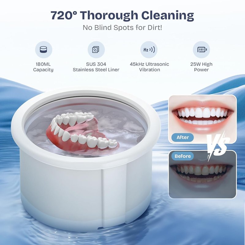 Ultrasonic Retainer Cleaner - 45KHz Portable Denture Cleaner with Drying Function | Ideal for Aligners, Jewelry & More