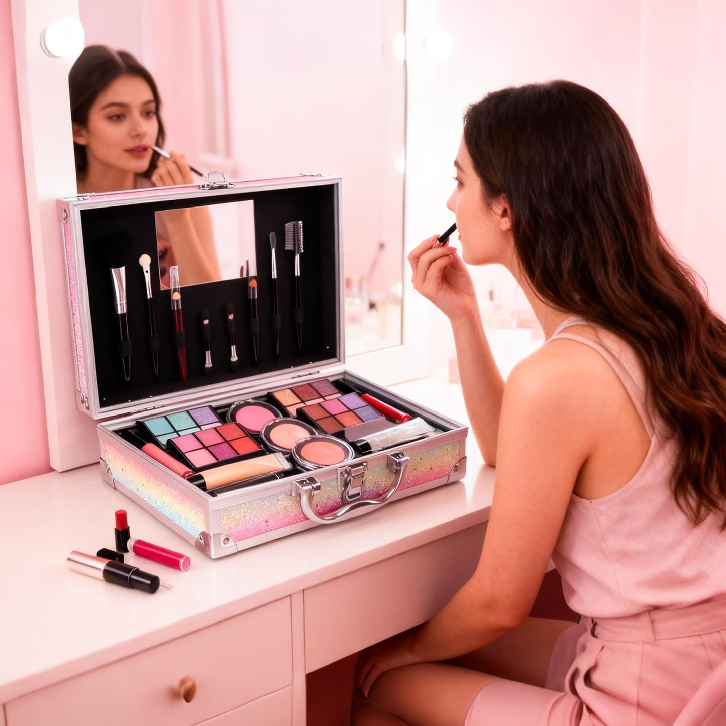 Makeup Kit for Teen Girls, Complete Cosmetic Set with Eyeshadow Palette, Lipstick, Blush, Lip Gloss, Brushes, Gifts Pink