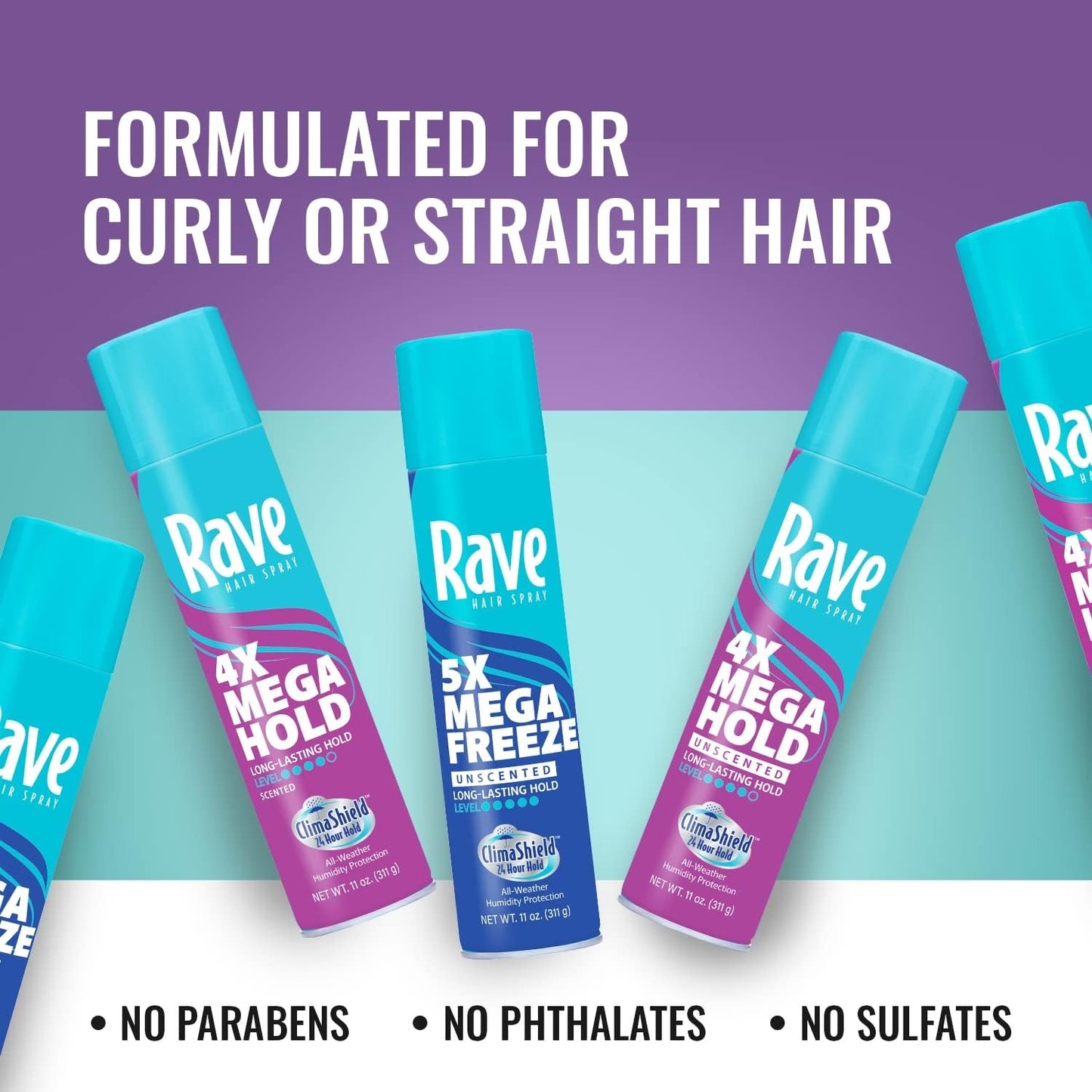 Rave 4X Mega Long-Lasting Firm Hold Scented Hair Spray for Heat Protection, Volume and Shine - ClimaShield for Extra Humidity & Minimizes Frizz - 4 pc
