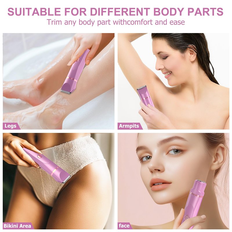 OLOV Electric Body Hair Trimmer - Groin Trimmer for Men - Bikini Trimmer Women - Wet/Dry Shaver Groomer, Replaceable Ceramic Blade Heads, USB Recharge Dock, Waterproof Hygiene Razor, Pink