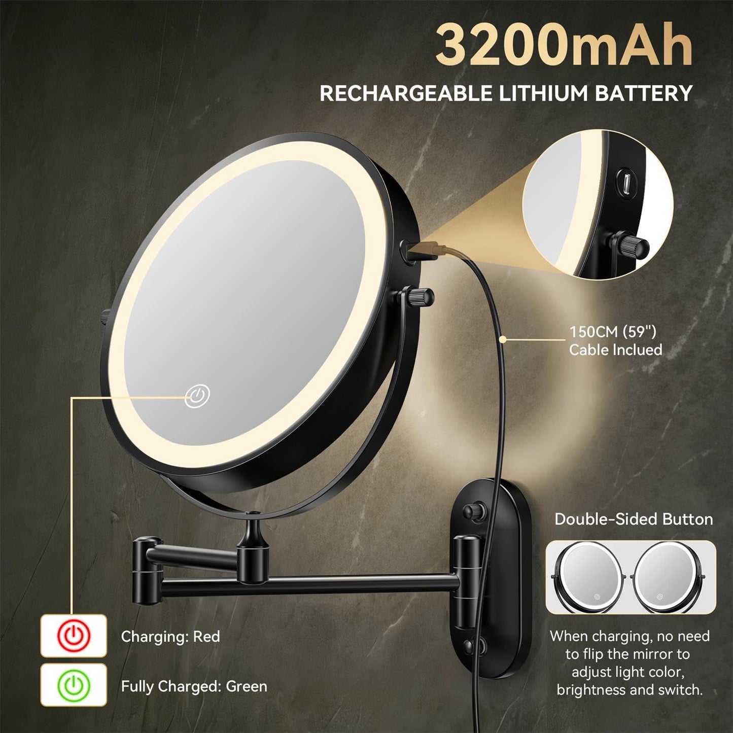 Auxmir 8'' Wall Mounted Makeup Mirror，1X/20X Rechargeable Magnifying Mirror