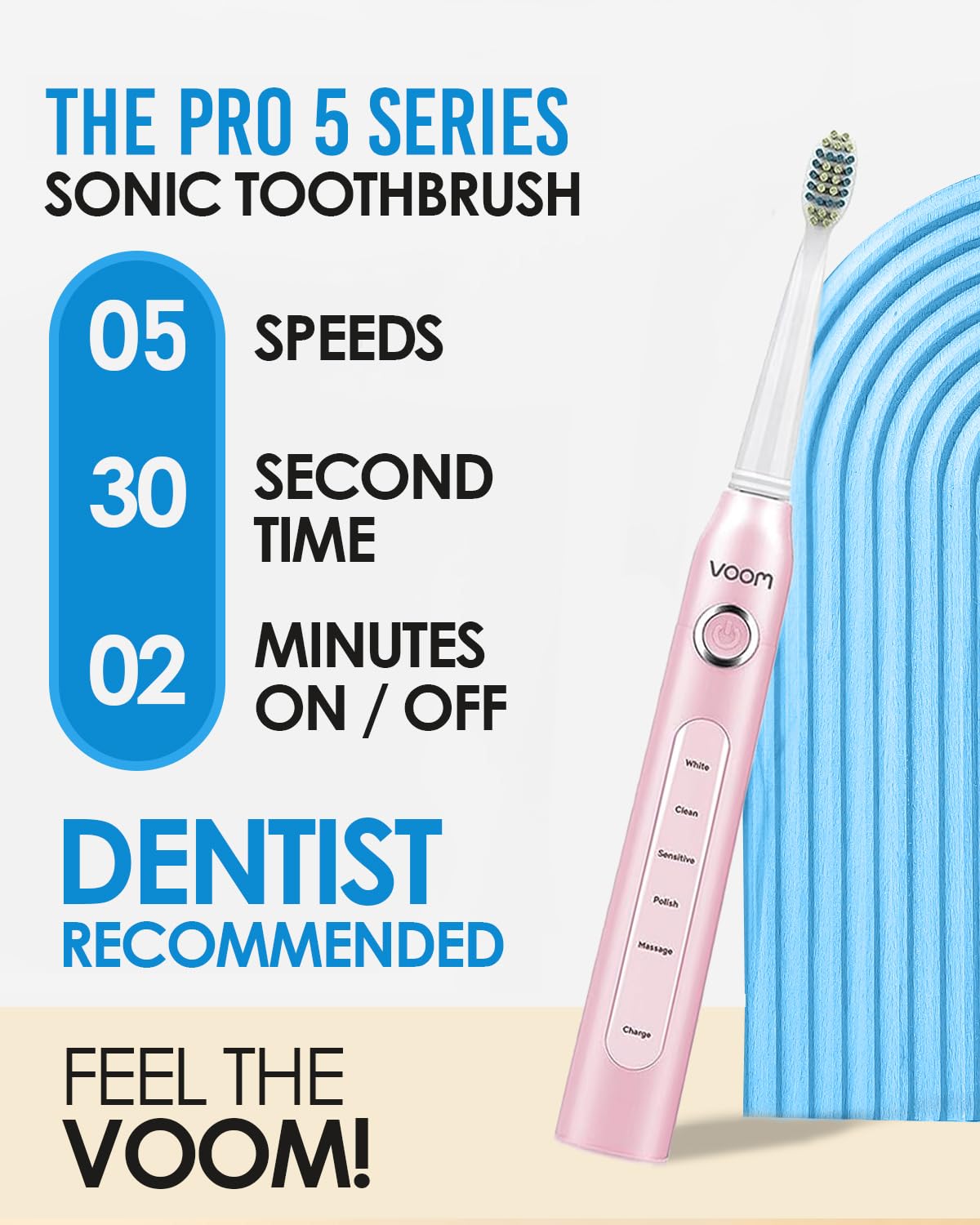 Voom Sonic Pro 5 Electric Toothbrush for Adults - Ultrasonic Electric Toothbrushes with Replacment Brush Head, Dentist Recommended Power Sonic Toothbrush with 5 Modes