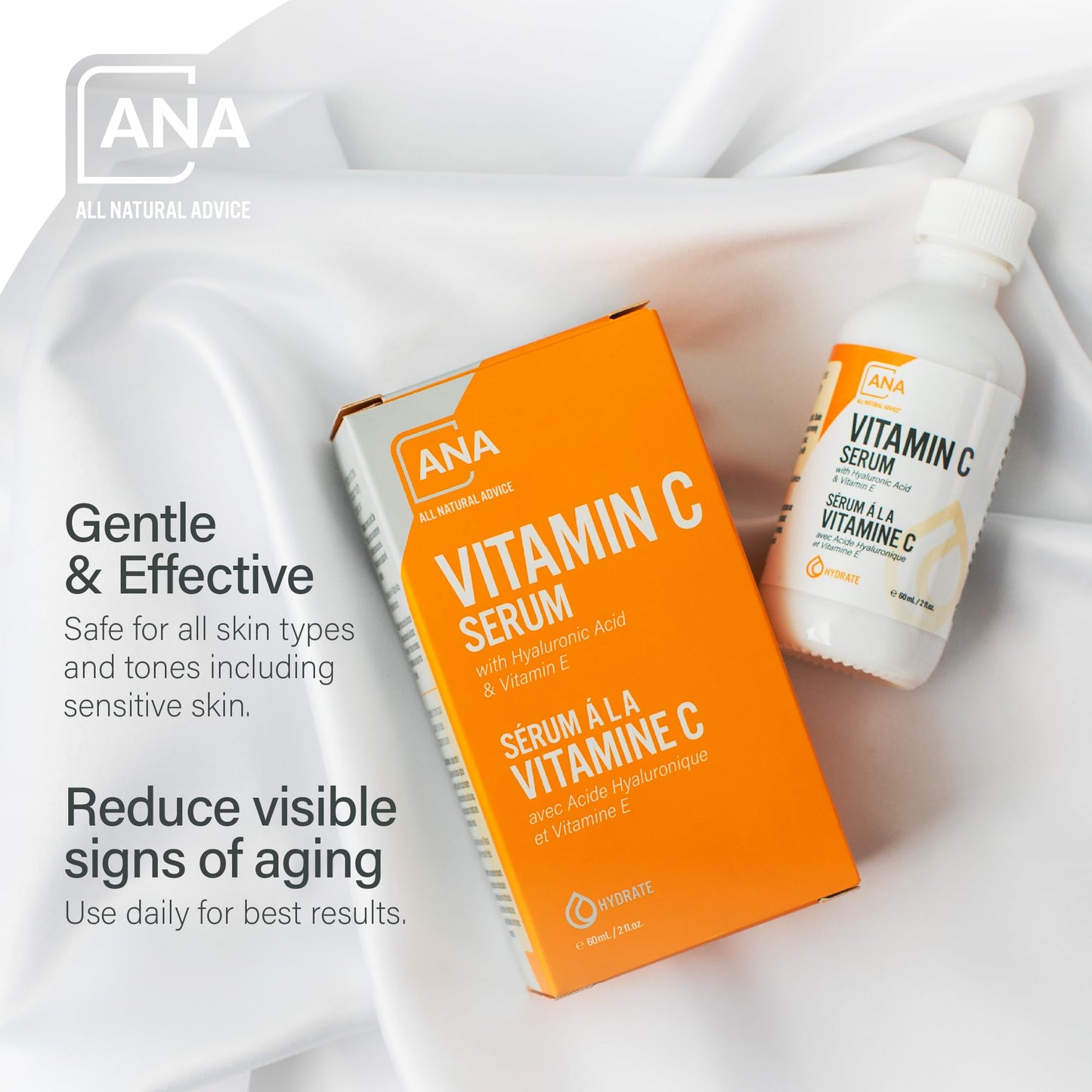 All Natural Advice Vitamin C Serum 60mL | 20% Vitamin C Face Serum Solution with Organic Botanicals, Hyaluronic Acid & Vitamin E | UV-Shielding Glass Bottle, Spray & Dropper | Canadian Skin Care