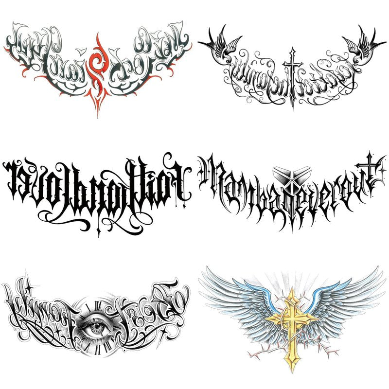 GLARYYEARS Words Temporary Tattoo for Adults, 6-Pack Large Realistic Back Chest Tattoos Stickers, Long-lasting Wings Quotes Inspirational Words Fake Tattoos, Makeup for Men Women Body Tramp Stamp