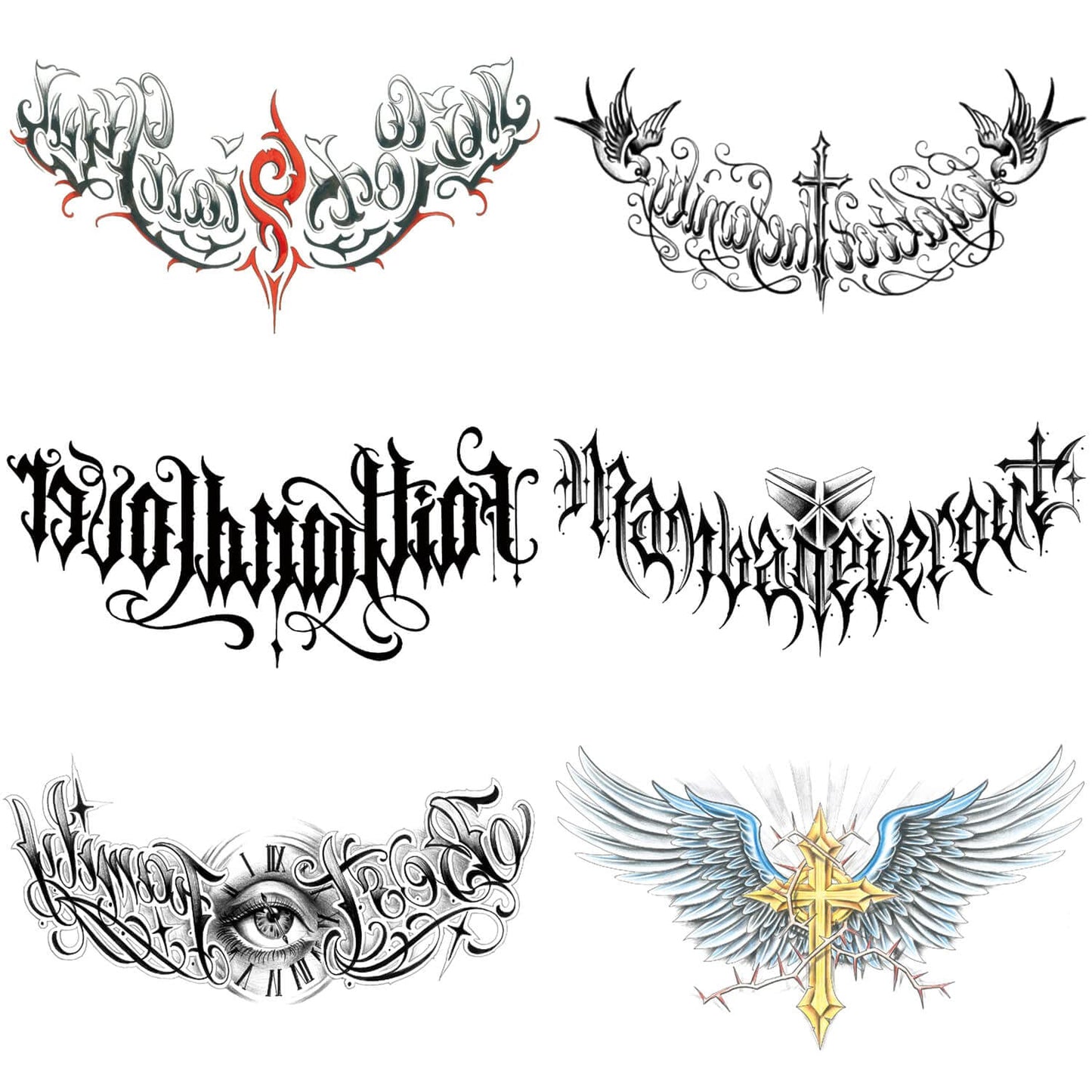 GLARYYEARS Words Temporary Tattoo for Adults, 6-Pack Large Realistic Back Chest Tattoos Stickers, Long-lasting Wings Quotes Inspirational Words Fake Tattoos, Makeup for Men Women Body Tramp Stamp