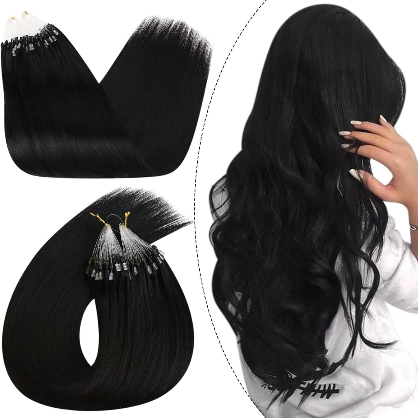 Ugeat 24 Inch Microlink Hair Extensions Human Hair, Black Micro Hair Extensions Human Hair, Jet Black Micro Ring Hair Extension, Manageable for Both Salon and Home care, 50G 50S