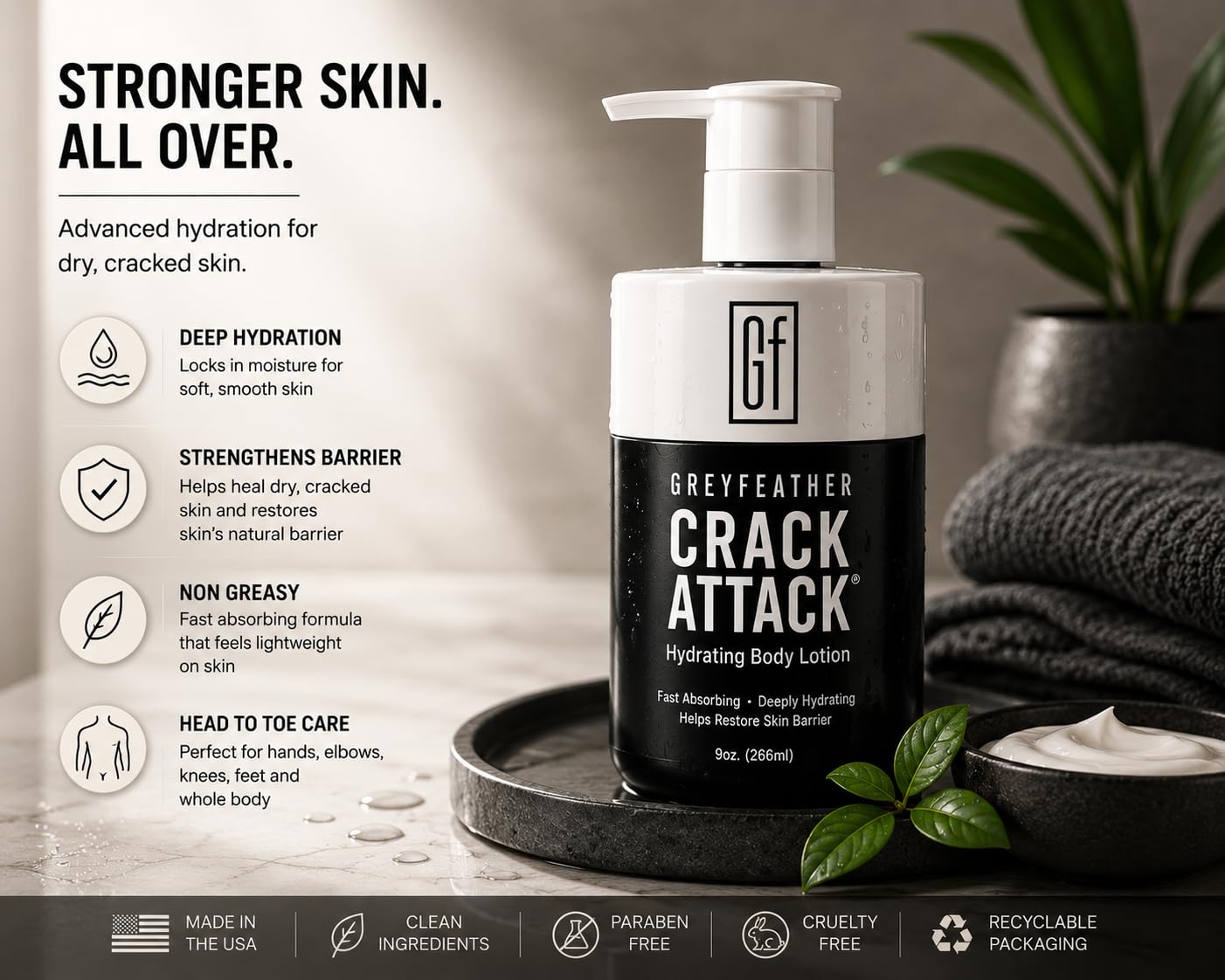 Greyfeather Crack Attack Hydrating Body Lotion for Dry Cracked Skin – Fast Absorbing, Mint Scented, Non-Greasy Moisturizer with Aloe, Shea Butter – Heals Hands, Feet, Elbows, Full Body Repair