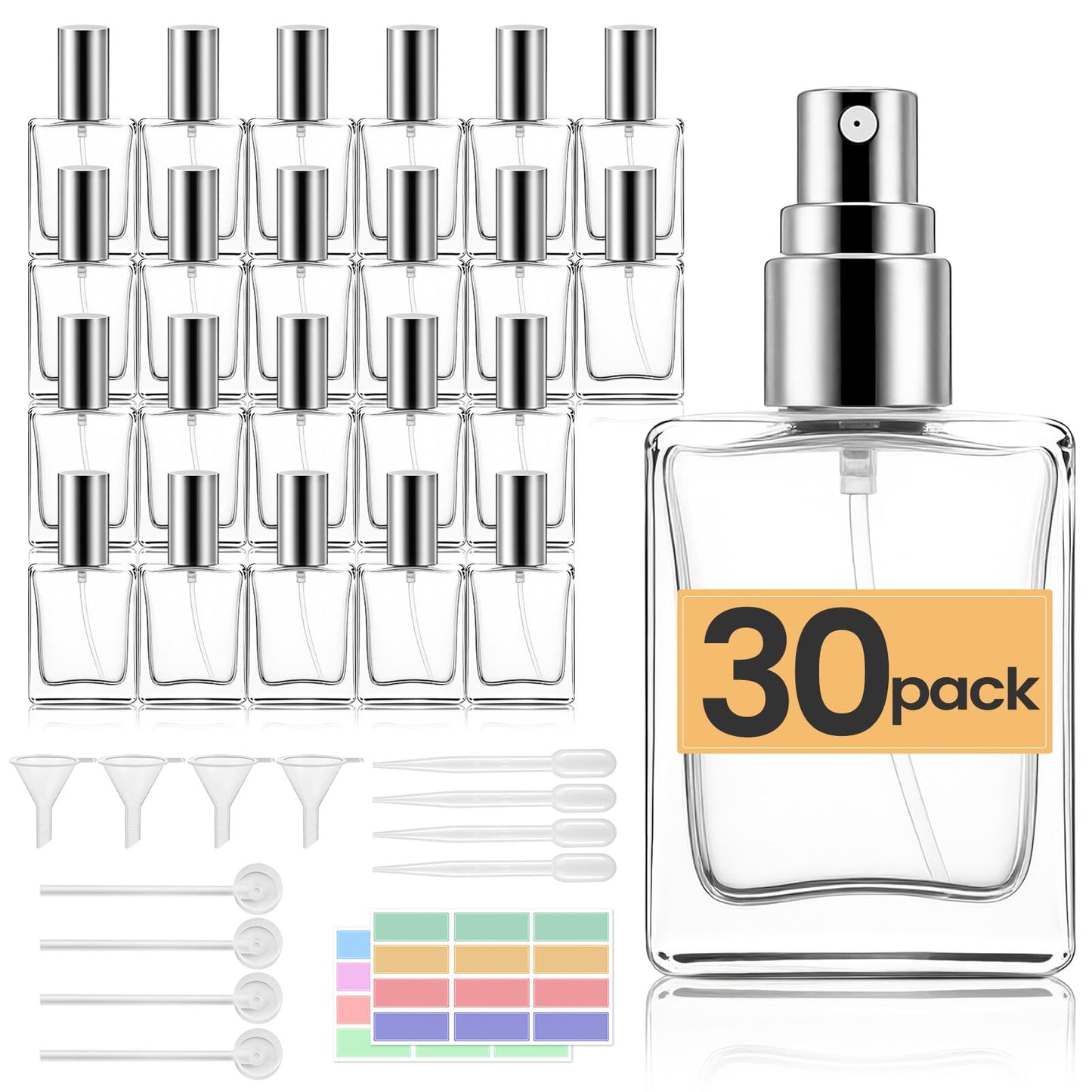 30 Pack 15 ML Glass Perfume Bottles Clear Portable Perfume Spray Bottle Empty Perfume Container Travel Refillable Mini Fine Mist Sprayer Atomizer (80 Pcs Labels, 10 Funnels, 10 Dropper, 10 Dispenser)