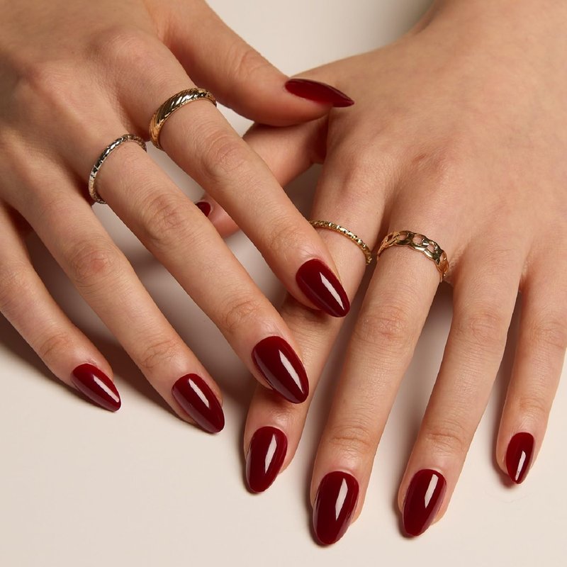LAMIMOSA 32Pcs Burgundy Press On Nails Short Almond – Soft Gel Red Solid Color Fake Nails in 16 Sizes, Reusable Glue on Nails Kit, TUSCAN WINE