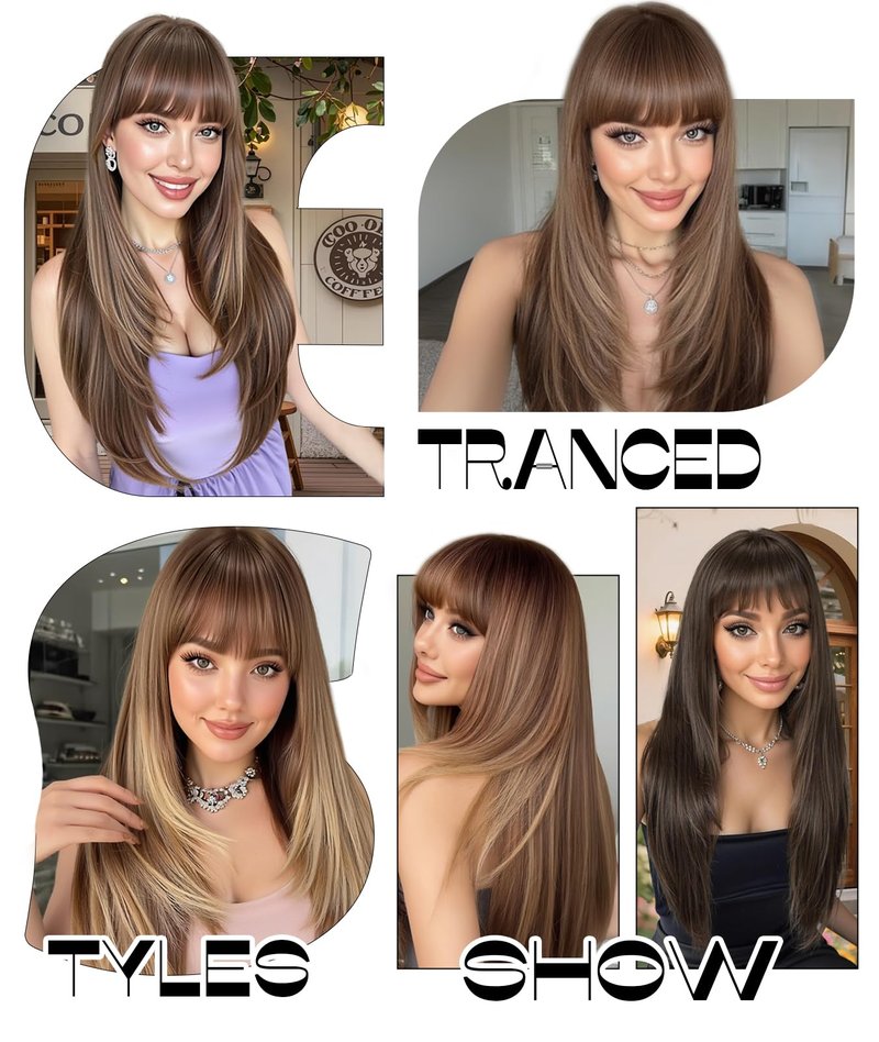 ENTRANCED STYLES Brown Wig With Bangs 26 Inch Long Straight Wigs for Women Dark Brown Layered Hair Synthetic Heat Resistant Hair for Daily Party Use