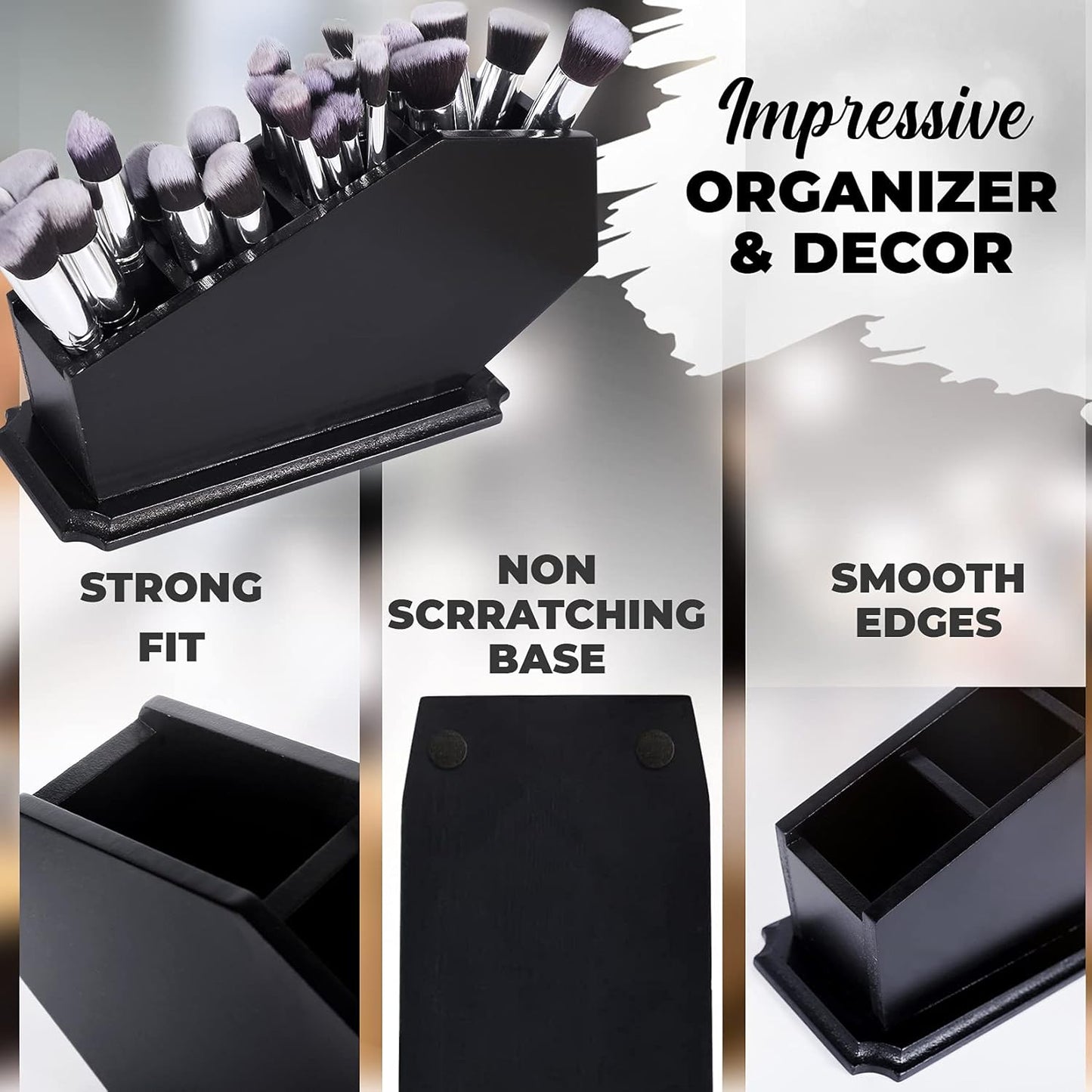 Gothic Wooden Coffin Brush Holder - Spooky Makeup Organizer for Vanity | Black - 11x6x4 Inches