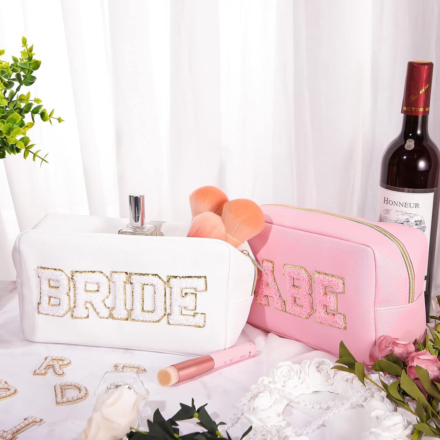 Bridesmaid Cosmetic Bags - 8 Pcs Embroidered Makeup Pouches for Wedding Party | White & Pink
