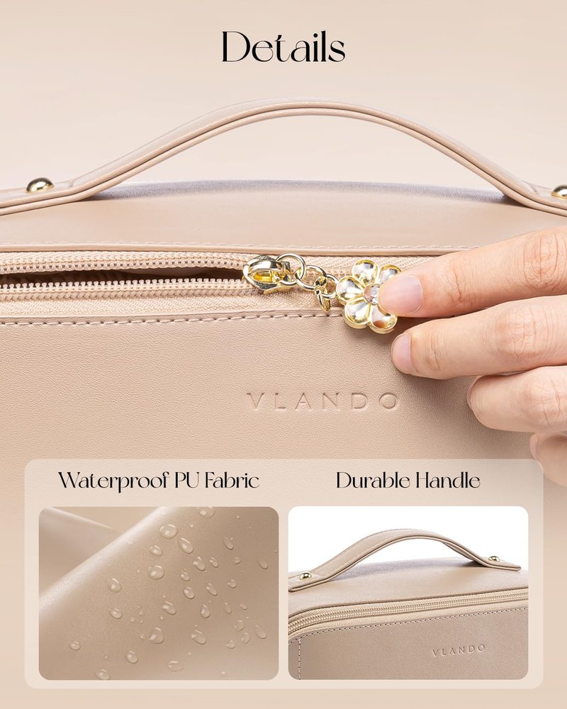 VLANDO Makeup Bag,Travel Toiletry Bag,Cosmetic Bag for Women PU Leather Portable Make up Bag for Skincare, Brushes & Travel Essentials-Sand Pink