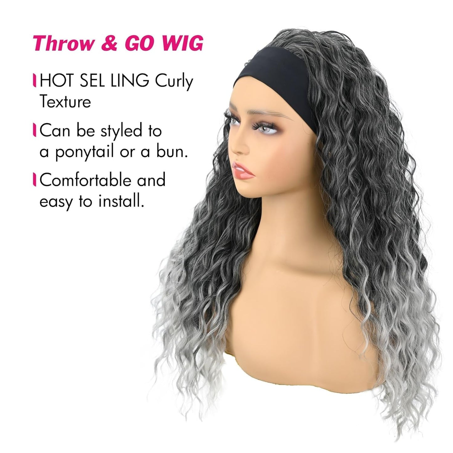 Deep Wave Headband Wig - 20 Inch Gray Synthetic Half Wig for Black Women | Glueless, Machine Made (T1B/Gray)
