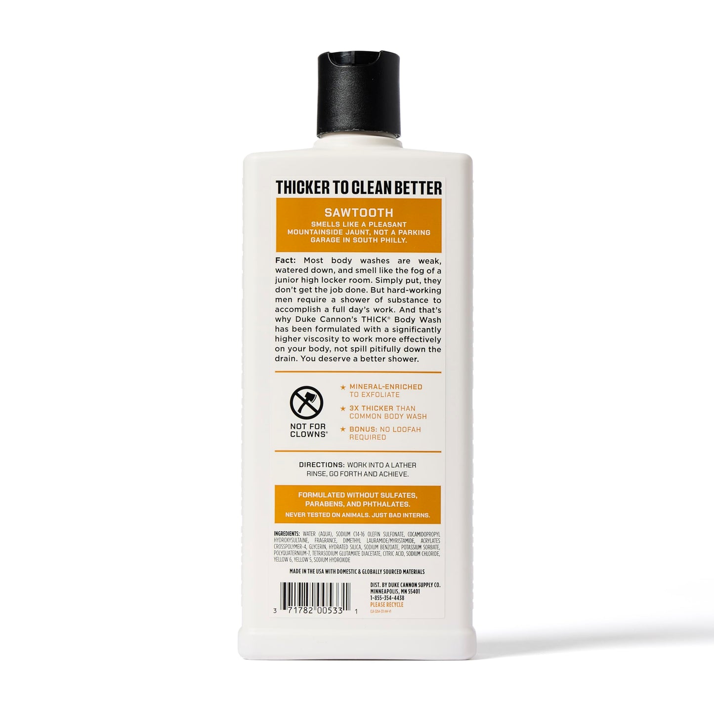 Duke Cannon Supply Co. Thick High Viscosity Body Wash - 3X Thicker, Plant-Based Body Wash for Men with Lasting Scent - Mens Body Scrub - Sawtooth, Midnight Swim & Bourbon (18oz)